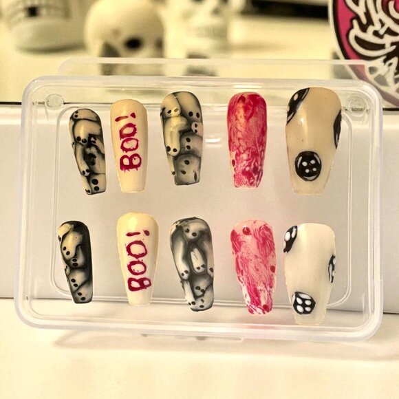 Halloween Nail Art, Cute Acrylic Nails with Halloween Print and Bows, Spring Nai - Picture 1 of 2